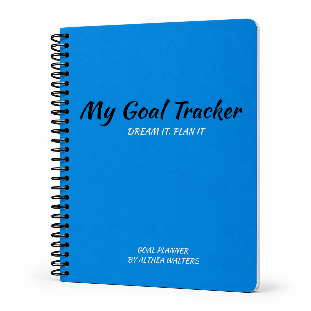 My Goal Tracker planner cover in blue with spiral binding