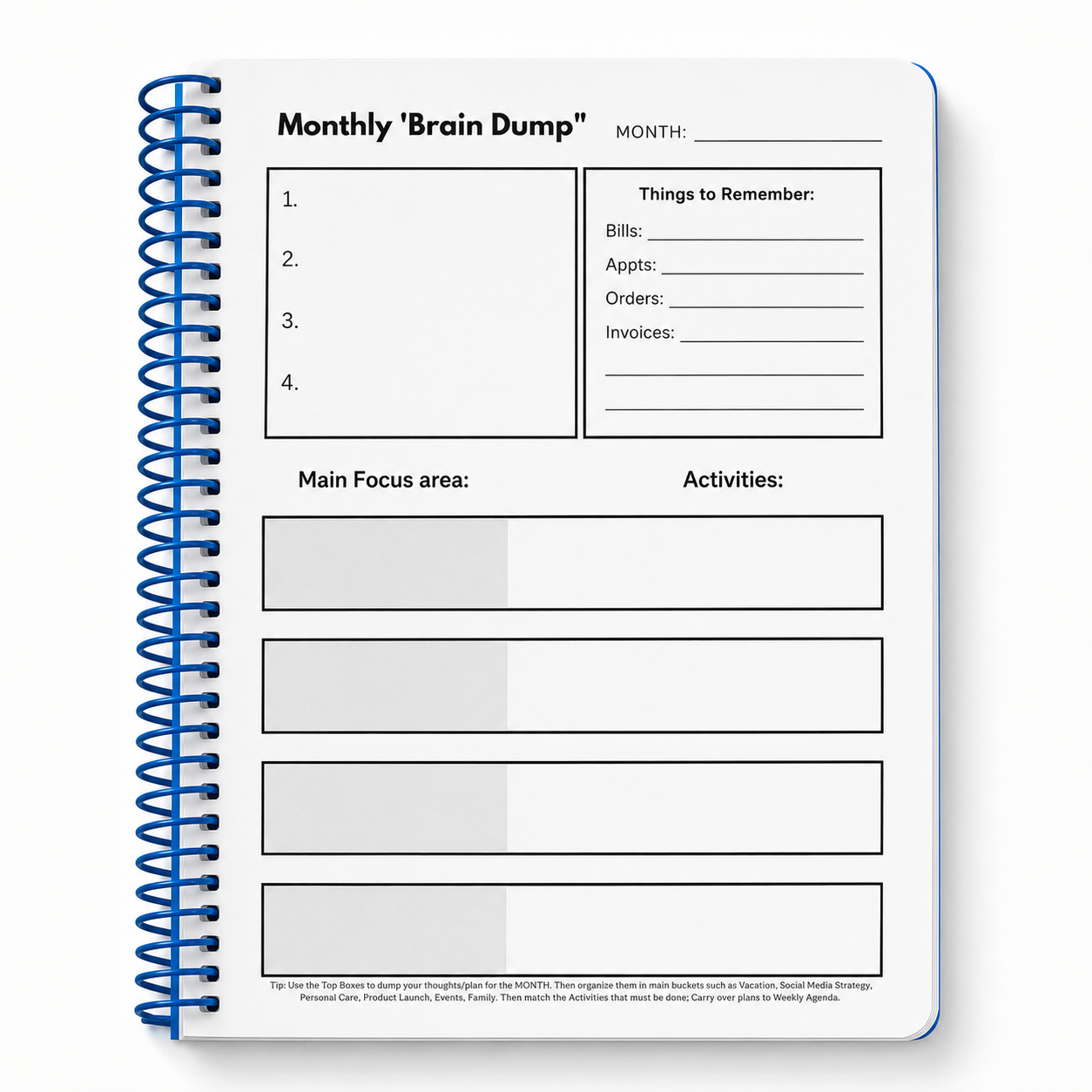 Monthly Brain Dump planning page from the My Goal Tracker planner